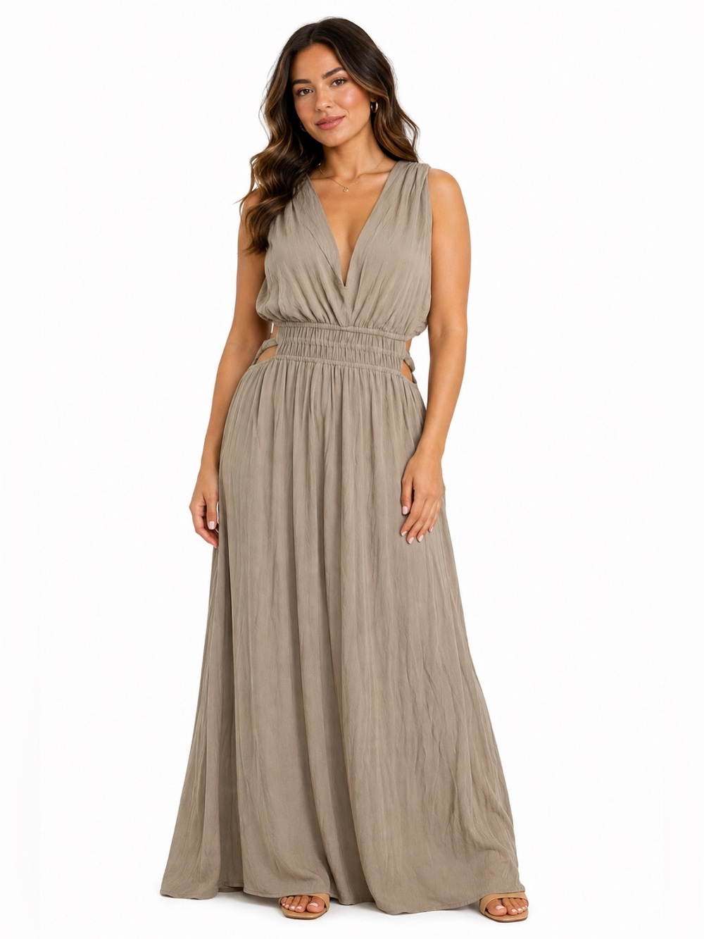 Lily Morgan NWT Taupe Cutout Maxi Dress Smocked Waist XL